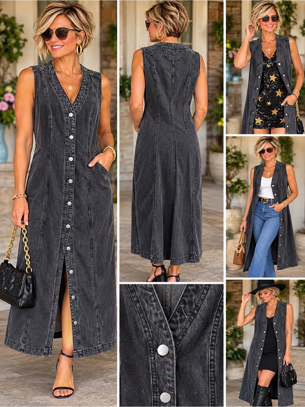 Universal Thread Washed Black Denim Button-Front Maxi Vest Dress